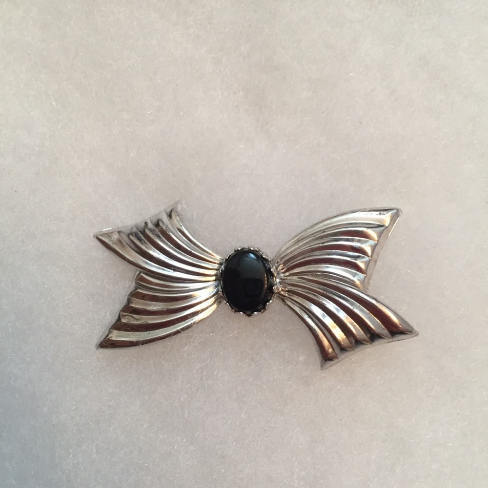 BROOCH PIN STERLING SILVER BOW BLACK ONYX VINTAGE